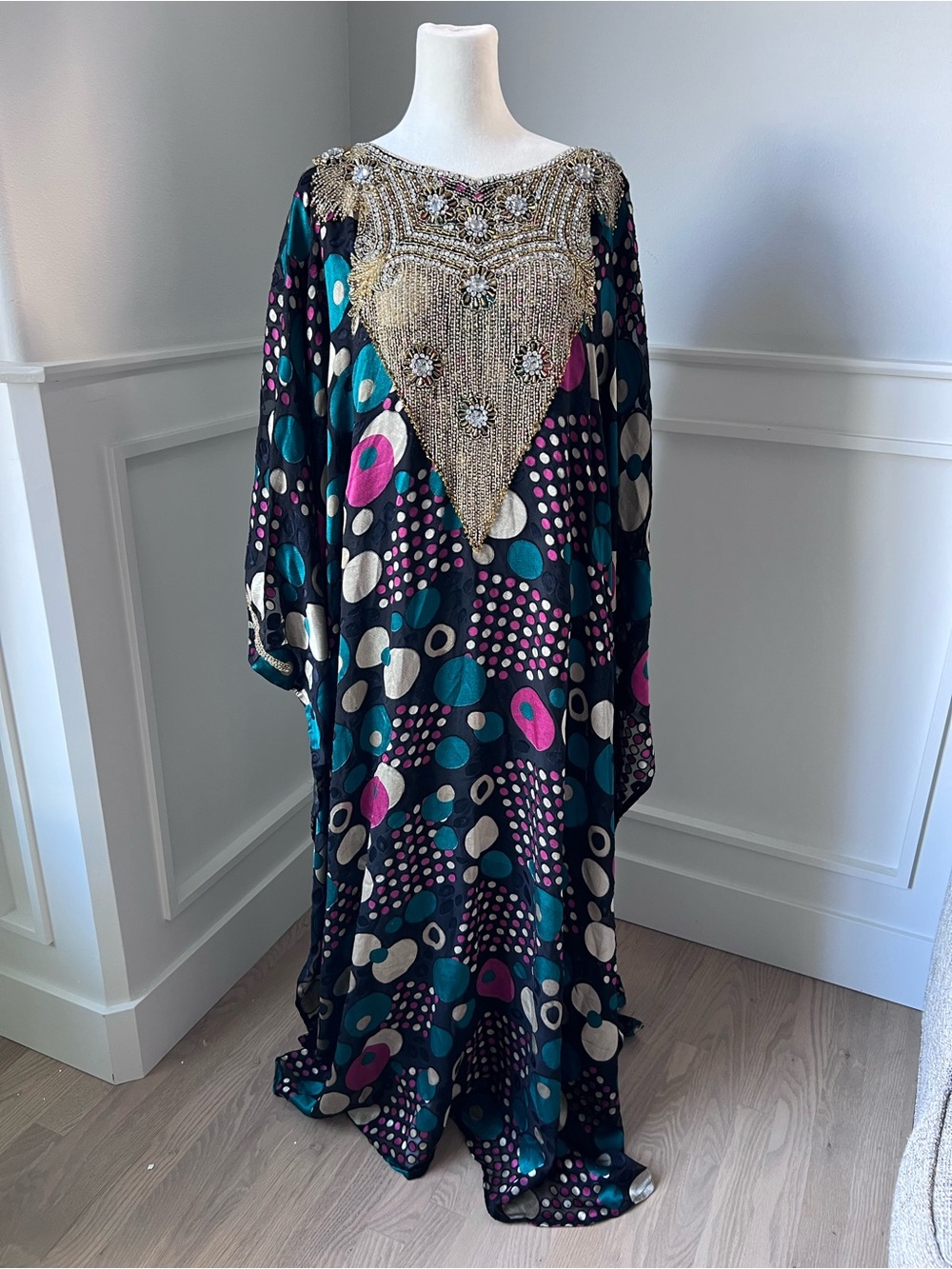 Beaded Neckline Black Multicolor silk Kaftan Dress
